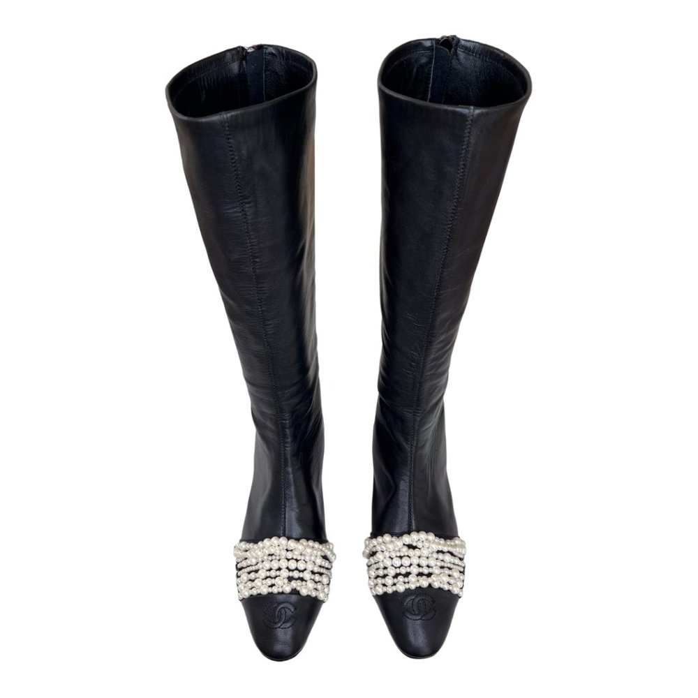 Chanel Cap Toe High Leather Boots with Pearls